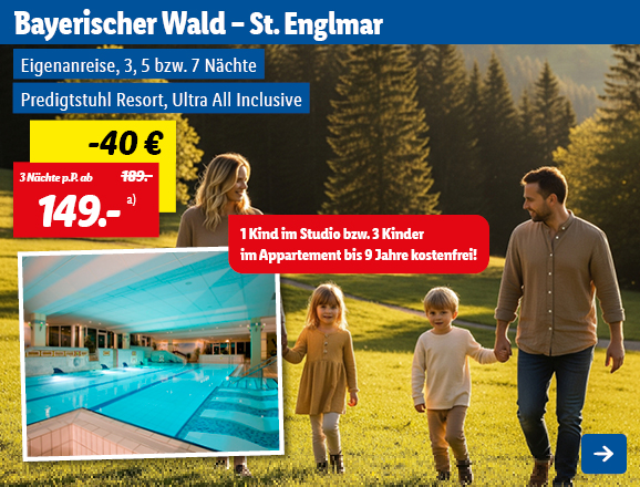 Mit Lidl Reisen in den Bayerischen Wald nach St. Englmar, inkl. Ultra All Inclusive im Predigtstuhl Resort. 3 Nächte ab 149€ pro Person, anstatt 189€. Somit ergibt sich eine Ersparnis von 40€. Eigenanreise. Ein Kind im Studio bzw. 3 Kinder im Appartement bis 9 Jahre kostenfrei! Linkziel des Bildes ist die Buchungsseite des Produkts.