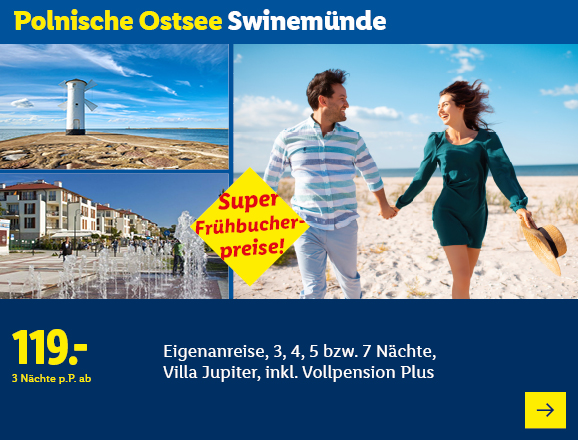 Polnische Ostsee Swinemünde. Angeboten wird eine Eigenanreise für 3, 4, 5 bzw. 7 Nächte in der Villa Jupiter, inkl. Vollpension Plus. Ab 119,- € pro Person für 3 Nächte. Super Frühbucherpreise! Jetzt buchen.
