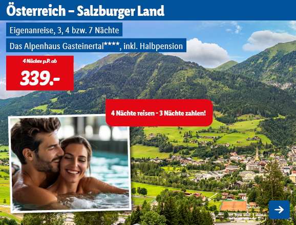Urlaub im Salzburger Land, Österreich. Angeboten wird eine Eigenanreise für 3, 4 oder 7 Nächte im Das Alpenhaus Gasteinertal****, inklusive Halbpension. Der Preis beträgt ab 339,- € pro Person für 4 Nächte, wobei das Angebot '4 Nächte reisen - 3 Nächte zahlen!' gilt. Jetzt buchen.