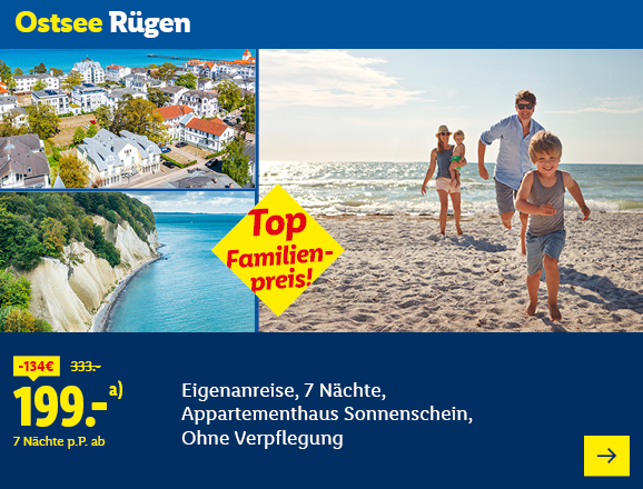 Ostsee Rügen. Angeboten wird eine Eigenanreise für 7 Nächte im Appartementhaus Sonnenschein, ohne Verpflegung. Ab 199,- € pro Person für 7 Nächte (statt 333,- €, 134,- € gespart). Top Familienpreis! Jetzt buchen.