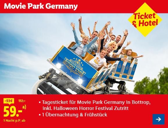 Movie Park Germany. Angeboten wird 1 Tagesticket für Movie Park Germany in Bottrop, inkl. Halloween Horror Festival Zutritt & 1 Übernachtung & Frühstück. Ab 59,- € pro Person für 1 Nacht (statt 112,- €, 53,- € gespart). Ticket & Hotel. Jetzt buchen.