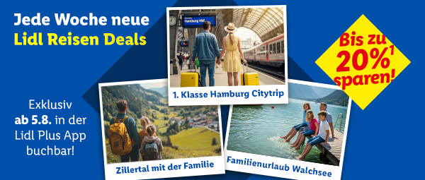 Lidl Reisen Deals, jede Woche neu. Nur in der App bis zu 20% sparen. Exklusiv ab 5.8. : 1. Klasse Hamburg Citytrip, Zillertal mit der Familie, Familienurlaub Walchsee. Lidl Plus App öffnen oder herunterladen.