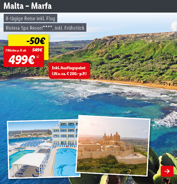 Malta - 4-Sterne Hotel Riviera Spa Resort - inkl. Ausflüge, 7 Nächte p.P. ab 499€
