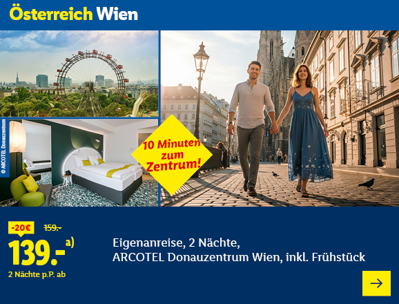 Österreich Wien. Angeboten wird eine Eigenanreise für 2 Nächte im ARCOTEL Donauzentrum Wien, inkl. Frühstück. Ab 139,- € pro Person für 2 Nächte (statt 159,- €, 20,- € gespart). 10 Minuten zum Zentrum! Jetzt buchen.