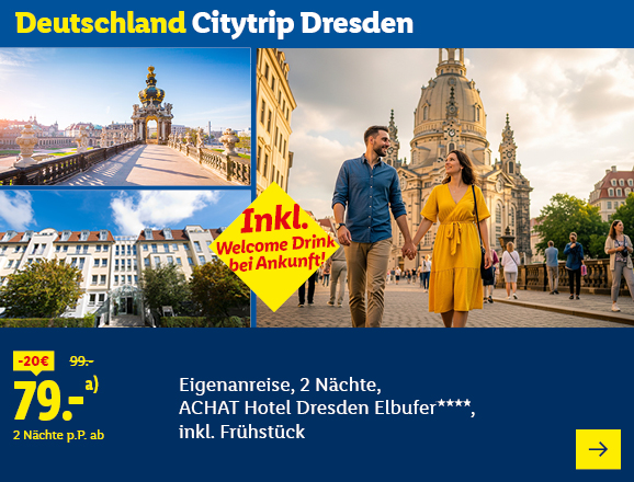 Deutschland Citytrip Dresden. Angeboten wird eine Eigenanreise für 2 Nächte im ACHAT Hotel Dresden Elbufer****, inkl. Frühstück. Ab 79,- € pro Person für 2 Nächte (statt 99,- €, 20,- € gespart). Inkl. Welcome Drink bei Ankunft! Jetzt buchen.