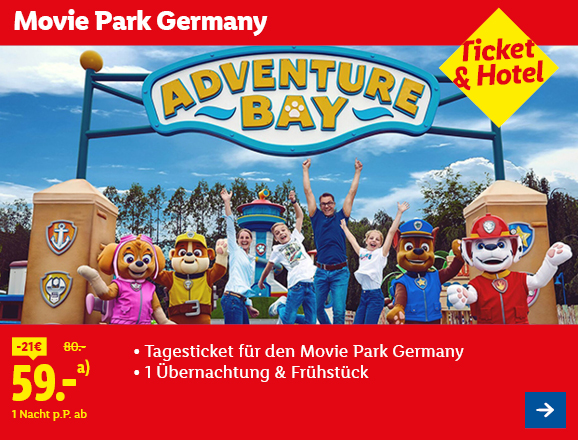 Ticket & Hotel: Movie Park Germany p.P. ab 59€ anstatt 80€. Somit ergibt sich eine Ersparnis von 21€. Jetzt buchen