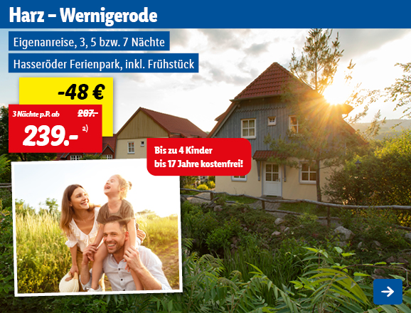 Mit Lidl Reisen in den Harz nach Wernigerode, inkl. Frühstück im Hasseröder Ferienpark für 3, 5 bzw. 7 Nächte. 3 Nächte ab 239€ pro Person, anstatt 287€. Somit ergibt sich eine Ersparnis von 48€. Eigenanreise. Bis zu 4 Kinder bis 17 Jahre kostenfrei! Linkziel des Bildes ist die Buchungsseite des Produkts.