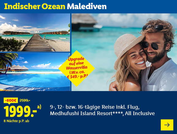 Indischer Ozean Malediven. Angeboten wird eine 9-, 12- bzw. 16-tägige Reise inkl. Flug, Medhufushi Island Resort****, All Inclusive. Ab 1999,- € pro Person für 8 Nächte (statt 2599,- €, 550,- € gespart). Upgrade auf eine Wasservilla i.W.v. ca. € 549,- p.P.! Jetzt buchen.