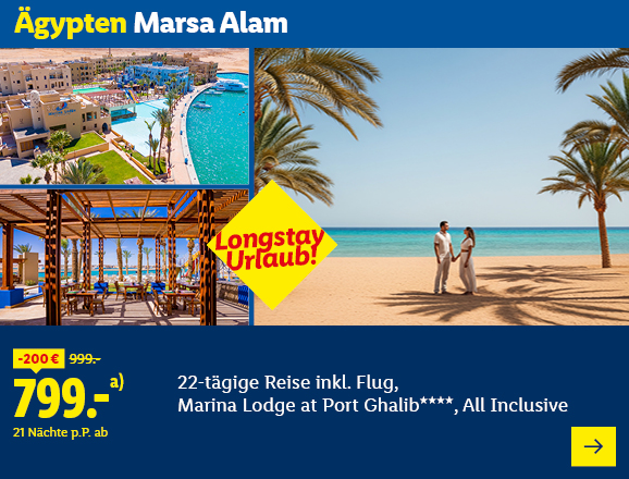 Ägypten Marsa Alam. Angeboten wird eine 22-tägige Reise inkl. Flug, Marina Lodge at Port Ghalib****, All Inclusive. Ab 799,- € pro Person für 21 Nächte (statt 999,- €, 200,- € gespart). Longstay Urlaub! Jetzt buchen.