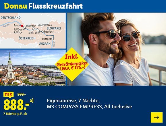Donau Flusskreuzfahrt. Angeboten wird eine Eigenanreise für 7 Nächte auf der MS COMPASS EMPRESS, inkl. All Inclusive. Ab 888,- € pro Person für 7 Nächte (statt 999,- €, 111,- € gespart). Inklusive Getränkepaket im Wert von 175,- €! Jetzt buchen.