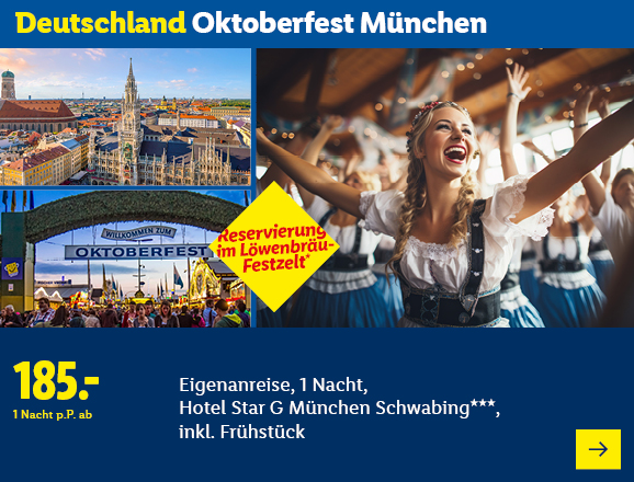 Deutschland Oktoberfest München. Reservierung im Löwenbräu-Festzelt. Angeboten wird eine Eigenanreise für 1 Nacht im Hotel Star G München Schwabing***, inkl. Frühstück. Ab 185,- € pro Person für 1 Nacht. Jetzt buchen.