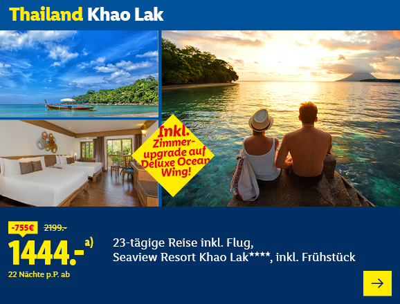 Thailand Khao Lak. Inkl. Zimmer-Upgrade auf Deluxe Ocean Wing! Angeboten wird eine 23-tägige Reise inkl. Flug ins Seaview Resort Khao Lak****, inkl. Frühstück. Ab 1444,- € pro Person für 22 Nächte, Ersparnis 755 € gegenüber dem Originalpreis von 2199,- €. Jetzt buchen.