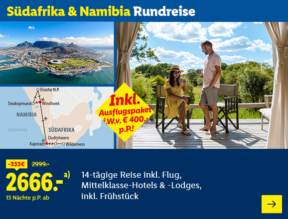 14-tägige Rundreise durch Südafrika und Namibia, inklusive Flug, Übernachtungen in Mittelklasse-Hotels und Lodges, sowie Frühstück. Preis ab 2666,- € pro Person für 13 Nächte. Es werden 333,- € gespart. Im Preis inbegriffen ist ein Ausflugspaket im Wert von 400,- € pro Person.