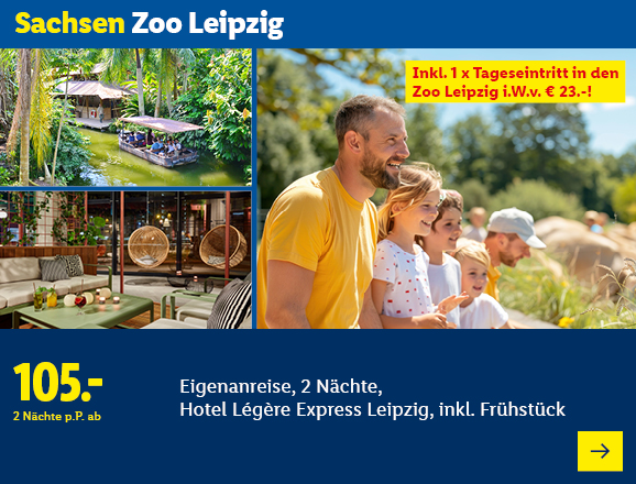 Sachsen Zoo Leipzig. Angeboten wird eine Eigenanreise für 2 Nächte im Hotel Légère Express Leipzig, inklusive Frühstück und 1 x Tageseintritt in den Zoo Leipzig i.W.v. € 23.-!. Ab 105,- € pro Person.Jetzt buchen.