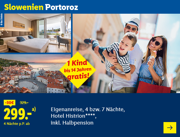 Slowenien, Portoroz. Eigenanreise für 4 bzw. 7 Nächte im Hotel Histrion, 4 Sterne, mit Halbpension. Der Preis beginnt bei 299,- € pro Person für 4 Nächte statt 329,- €. Es werden 30,- € gespart. 1 Kind bis 14 Jahre gratis buchbar!.