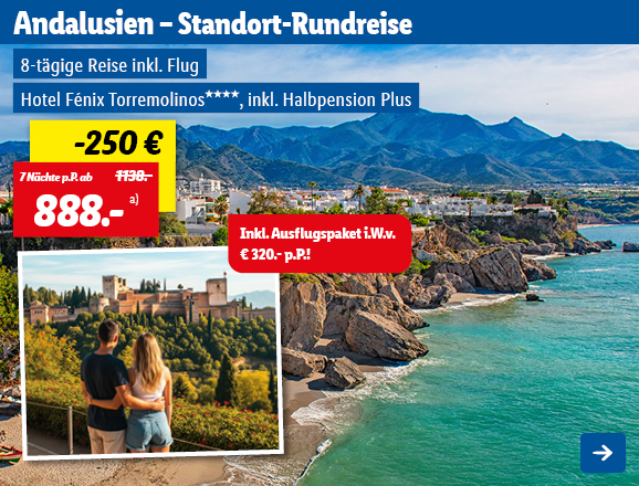 Standort-Rundreise in Andalusien. Angeboten wird eine 8-tägige Reise inklusive Flug und Übernachtung im Hotel Fénix Torremolinos****, inklusive Halbpension Plus. Der Preis beträgt ab 888,- € pro Person für 7 Nächte, statt 1138,- €, wodurch 250,- € gespart werden. Zudem ist ein Ausflugspaket im Wert von 320,- € pro Person inklusive. Jetzt buchen.