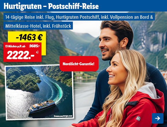 Mit Lidl Reisen auf Hurtigruten – Postschiff-Reise, inkl. Flug. 13 Nächte ab 2222€ pro Person, anstatt 3685€. Somit ergibt sich eine Ersparnis von 1463€. Inkl. Nordlicht-Garantie! 14-tägige Reise inkl. Flug, Hurtigruten Postschiff, inkl. Vollpension an Bord & Mittelklasse-Hotel, inkl. Frühstück. Linkziel des Bildes ist die Buchungsseite des Produkts.