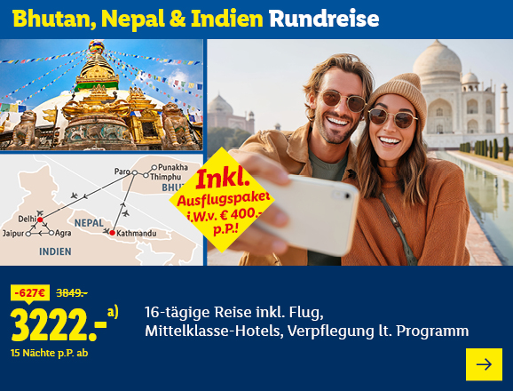 Bhutan, Nepal & Indien Rundreise. Angeboten wird eine 16-tägige Reise inkl. Flug, Mittelklasse-Hotels, Verpflegung lt. Programm. Ab 3222,- € pro Person für 15 Nächte (statt 3849,- €, 627,- € gespart). Inkl. Ausflugspaket i.W.v. € 400,- p.P.! Jetzt buchen.