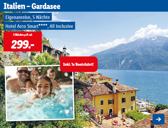 Mit Lidl Reisen nach Italien an den Gardasee, inkl. All Inclusive im vier Sterne Hotel Arco Smart. 5 Nächte ab 299€ pro Person. Eigenanreise. Inklusive 1x Bootsfahrft! Linkziel des Bildes ist die Buchungsseite des Produkts.