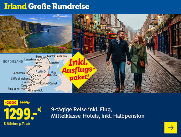 Irland Große Rundreise. Angeboten wird eine 9-tägige Reise inkl. Flug, Mittelklasse-Hotels, inkl. Halbpension. Ab 1299,- € pro Person für 8 Nächte (statt 1499,- €, 200,- € gespart). Inkl. Ausflugspaket! Jetzt buchen.