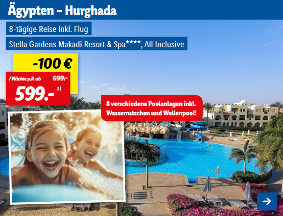 Mit Lidl Reisen in das Stella Gardens Makadi Resort & Spa in Ägypten, vier Sterne mit All Inclusive für 7 Nächte. 7 Nächte ab 599€ pro Person, anstatt 699€. Somit ergibt sich eine Ersparnis von 100€. Inkl. Flug zum Hotel in Hurghada. 8 verschiedene Poolanlagen inkl. Wasserrutsche & Wellenpool!Linkziel des Bildes ist die Buchungsseite des Produkts.