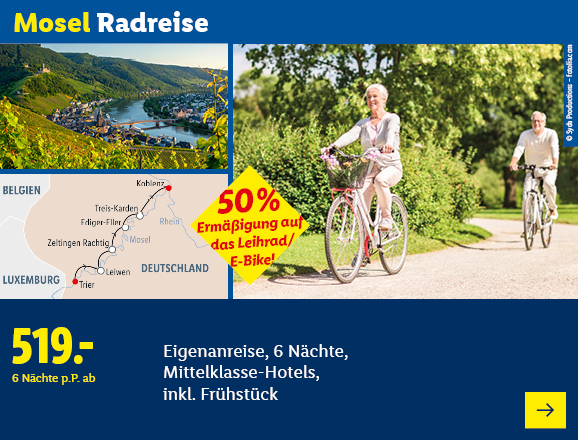 Mosel Radreise. Angeboten wird eine Eigenanreise für 6 Nächte in Mittelklasse-Hotels, inkl. Frühstück. Ab 519,- € pro Person für 6 Nächte. Im Angebot inbegriffen sind 50 % Ermäßigung auf das Leihrad bzw. E-Bike! Jetzt buchen.