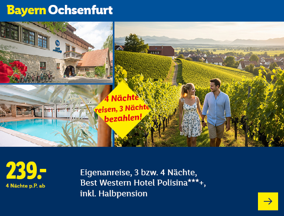 Bayern Ochsenfurt. Angeboten wird eine Eigenanreise für 3 bzw. 4 Nächte im Best Western Hotel Polisina***+, inkl. Halbpension. Ab 239,- € pro Person für 4 Nächte. 4 Nächte reisen, 3 Nächte bezahlen! Jetzt buchen.