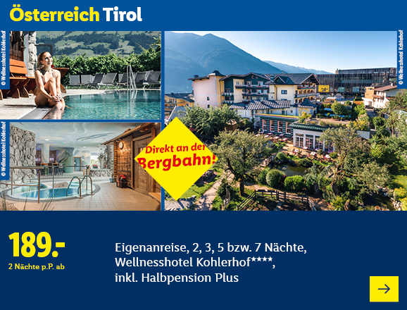 Österreich Tirol. Angeboten wird eine Eigenanreise für 2, 3, 5 bzw. 7 Nächte im Wellnesshotel Kohlerhof****, inkl. Halbpension Plus. Ab 189,- € pro Person für 2 Nächte. Direkt an der Bergbahn! Jetzt buchen.