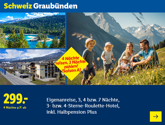 Schweiz Graubünden. Angeboten wird eine Eigenanreise für 3, 4 bzw. 7 Nächte im 3- bzw. 4-Sterne-Roulette-Hotel, inkl. Halbpension Plus. Ab 299,- € pro Person für 4 Nächte. Besonderheit: 4 Nächte reisen, 3 Nächte zahlen! (Saison A). Jetzt buchen.