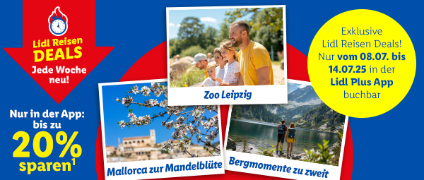 Lidl Reisen Deals, jede Woche neu. Nur in der App bis zu 20% sparen. Exklusiv vom 8. Juli bis 14. Juli: Zoo Leipzig, Mallorca zu Mandelblüte, Bergmomente zu zweit. Lidl Plus App öffnen oder herunterladen.