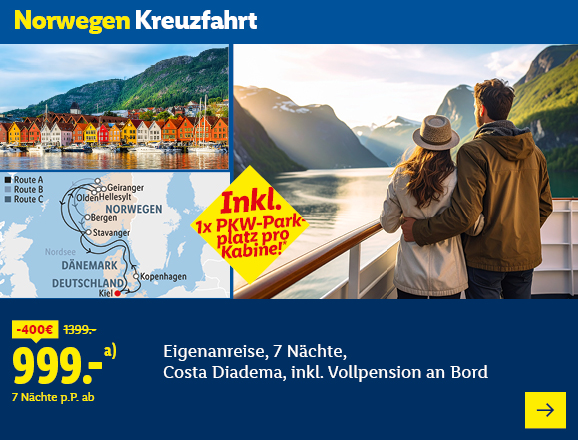 Norwegen Kreuzfahrt. Angeboten wird eine 8-tägige Reise mit der Costa Diadema, inkl. Vollpension an Bord. Ab 999,- € pro Person für 7 Nächte (statt 1399,- €, 400,- € gespart). Inkl. 1x PKW-Parkplatz pro Kabine! Jetzt buchen.