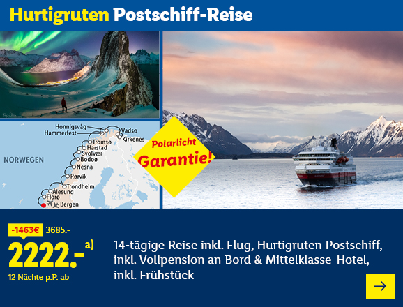 Hurtigruten Postschiff-Reise. Nordlicht Garantie! Angeboten wird eine 14-tägige Reise inkl. Flug, Hurtigruten Postschiff, inkl. Vollpension an Bord & Mittelklasse-Hotel, inkl. Frühstück. Ab 2222,- € pro Person für 12 Nächte, Ersparnis 1463 € gegenüber dem Originalpreis von 3685,- €. jetzt buchen