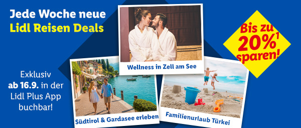 Lidl Reisen Deals, jede Woche neu. Nur in der App bis zu 20% sparen. Exklusiv ab 16.9.: Wellness in Zell am See, Südtirol& Gardasee erleben, Familienurlaub Türkei. Lidl Plus App öffnen oder herunterladen.
