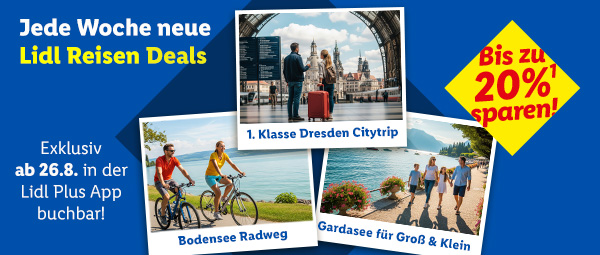Lidl Reisen Deals, jede Woche neu. Nur in der App bis zu 20% sparen. Exklusiv ab 26.8.: 1. Klasse Dresden Citytrip, Bodensee Radweg, Gardasee für Groß & Klein. Lidl Plus App öffnen oder herunterladen.