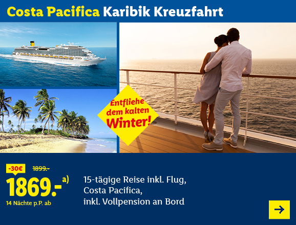 Costa Pacifica Karibik Kreuzfahrt. Angeboten wird eine 15-tägige Reise inkl. Flug auf der Costa Pacifica Karibik Kreuzfahrt, inkl. Vollpension an Board. Ab 1869,- € pro Person für 14 Nächte (statt 1899,- €, 30,- € gespart). Entfliehe dem kalten Winter! Jetzt buchen.
