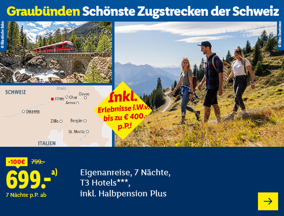 Die Schönsten Zugstrecken der Schweiz in Graubünden, Eigenanreise, 7 Nächte im T3 Hotels, drei Sterne, inklusive Halbpension Plus. Preis ab 699,- € pro Person für 7 Nächte. Gespart werden 100,- €. Im Preis inbegriffen sind Erlebnisse im Wert von bis zu 400,- € pro Person.