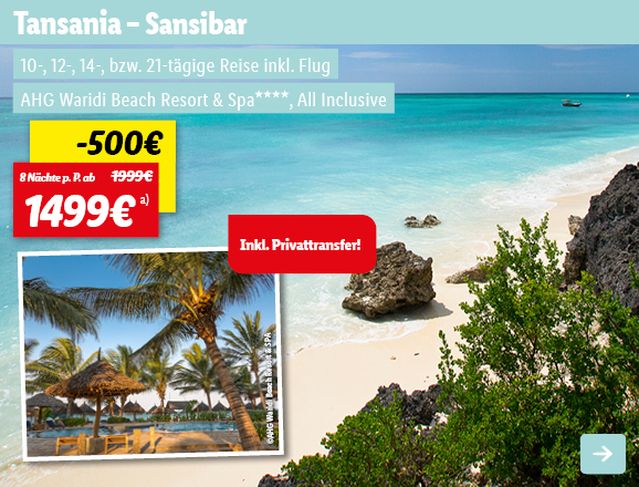 Tansania Sansibar, 8 Nächte p.P. ab 1499€