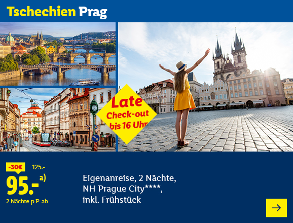 Tschechien Prag mit Eigenanreise, 2 Nächte im NH Prague City, 4 Sterne, inklusive Frühstück. Preis ab 95 € pro Person, gespart werden 30 €. Ein Late Check-out bis 16 Uhr ist ebenfalls inbegriffen.