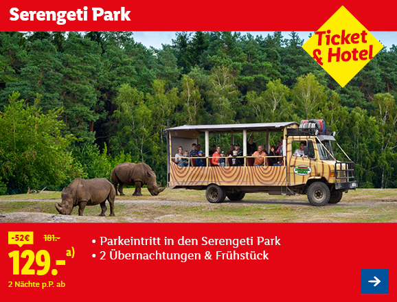 Serengeti Park. Angeboten wird 1 Parkeintritt in den Serengeti Park & 2 Übernachtungen & Frühstück. Ab 129,- € pro Person für 2 Nächte (statt 181,- €, 52,- € gespart). Ticket & Hotel. Jetzt buchen.