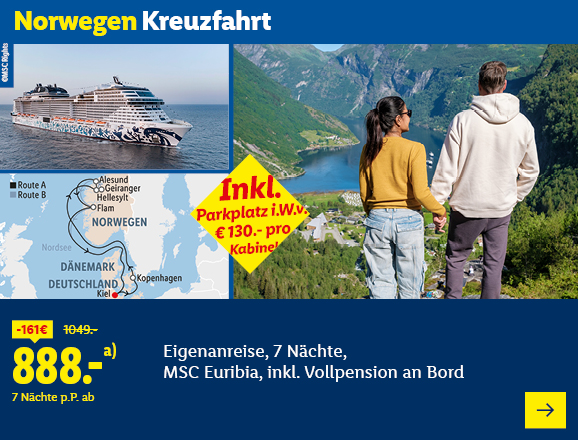 Norwegen Kreuzfahrt. Angeboten wird eine Eigenanreise für 7 Nächte auf der MSC Euribia, inkl. Vollpension an Bord. Ab 888,- € pro Person für 17 Nächte (statt 1049,- €, 161,- € gespart). Inkl. Parkplatz i.W.v. € 130,- pro Kabine! Jetzt buchen.