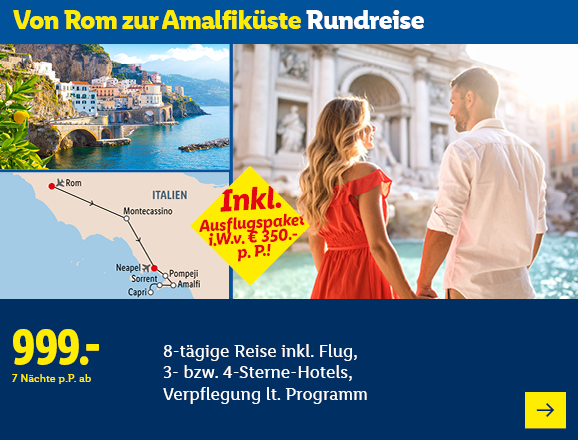 Von Rom zur Amalfiküste Rundreise. Angeboten wird eine 8-tägige Reise inkl. Flug, 3- bzw. 4-Sterne-Hotels, Verpflegung lt. Programm. Ab 999,- € pro Person für 7 Nächte. Inkl. Ausflugspaket i.W.v. € 350,- p.P.! Jetzt buchen.