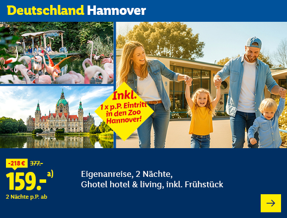 ´ Deutschland Hannover. Angeboten wird eine Eigenanreise für 2 Nächte im Ghotel hotel & living, inkl. Frühstück. Ab 159,- € pro Person für 2 Nächte (statt 377,- €, 218,- € gespart). Inkl. 1x p.P. Eintritt in den Zoo Hannover! Jetzt buchen.