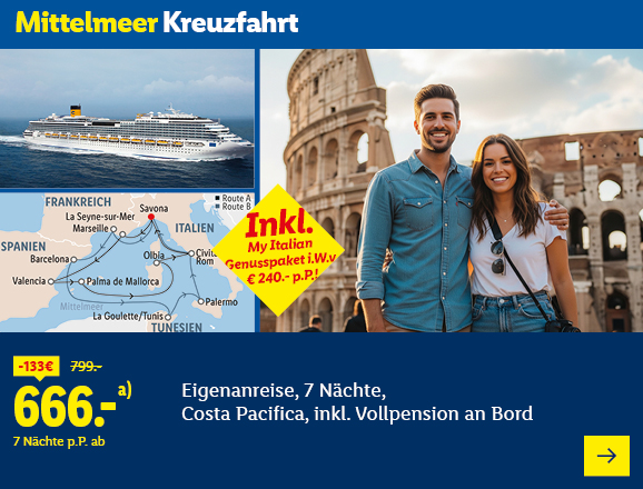 Mittelmeer Kreuzfahrt. Angeboten wird eine Eigenanreise für 7 Nächte auf der Costa Pacifica, inkl. Vollpension an Bord. Ab 666,- € pro Person für 7 Nächte (statt 799,- €, 133,- € gespart). Inkl. My Italian Genusspaket i.W.v. € 240,- p.P.! Jetzt buchen.