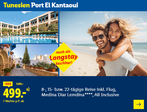 Tunesien Port El Kantaoui. Angeboten wird eine 8-, 15- bzw. 22-tägige Reise inkl. Flug, Medina Diar Lemdina****, All Inclusive. Ab 499,- € pro Person für 7 Nächte (statt 549,- €, 50,- € gespart). Auch als Longstay buchbar! Jetzt buchen.