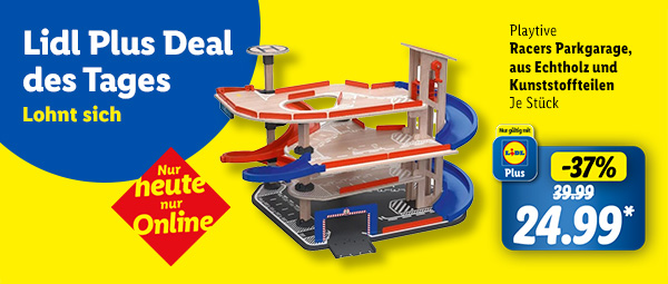 Lidl Plus Deal des Tages. Nur heute nur Online. Playtive Racers Parkgarage, aus Echtholz und Kunststoffteilen. Je Stück 37% günstiger für 24,99€ mit Lidl Plus