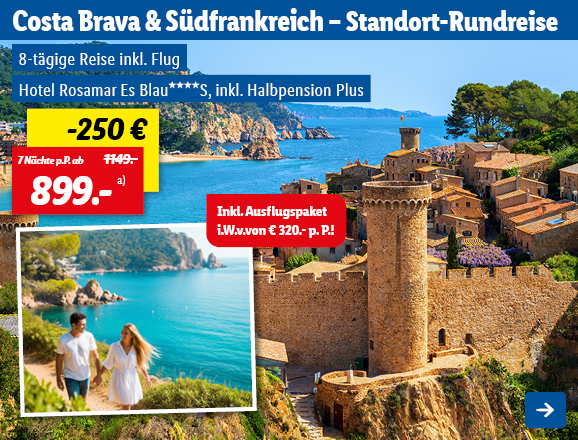Mit Lidl Reisen auf Standort-Rundreise an der Costa Brava & in Südfrankreich, inkl. Flug und Halbpension Plus im vier Sterne Hotel Rosamar Es BlauS. 7 Nächte ab 899€ pro Person, anstatt 1149€. Somit ergibt sich eine Ersparnis von 250€. Inklusive Ausflugspaket im Wert von 320€ pro Person! Linkziel des Bildes ist die Buchungsseite des Produkts.