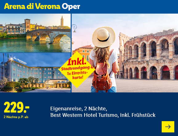 Arena di Verona Oper. Angeboten wird eine Eigenanreise für 2 Nächte im Best Western Hotel Turismo, inkl. Frühstück. Ab 229,- € pro Person für 2 Nächte. Inkl. Stadtrundgang & 1x Eintrittskarte! Jetzt buchen.