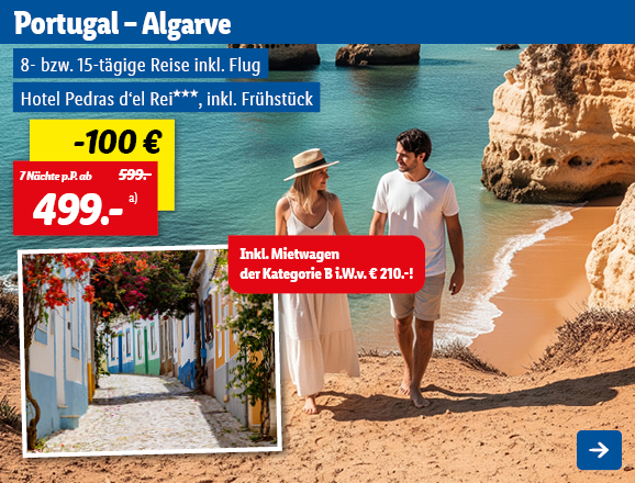 Urlaub in Portugal an der Algarve. Angeboten wird eine 8- bzw. 15-tägige Reise inklusive Flug und Übernachtung im Hotel Pedras d'el Rei*** inklusive Frühstück. Der Preis beträgt ab 499,- € pro Person für 7 Nächte, statt 599,- €, wodurch 100,- € gespart werden. Zudem ist ein Mietwagen der Kategorie B im Wert von 210,- € inklusive. Jetzt buchen.