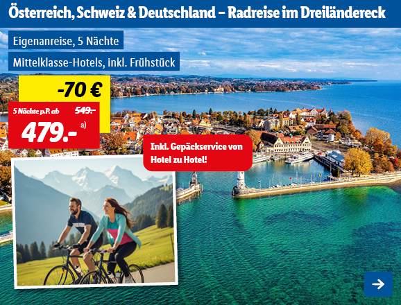 Mit Lidl Reisen auf Radreise im Dreiländereck (Österreich, Schweiz & Deutschland), inkl. Frühstück in Mittelklasse-Hotels. 5 Nächte ab 479€ pro Person, anstatt 549€. Somit ergibt sich eine Ersparnis von 70€. Eigenanreise. Inklusive Gepäckservice von Hotel zu Hotel! Linkziel des Bildes ist die Buchungsseite des Produkts.