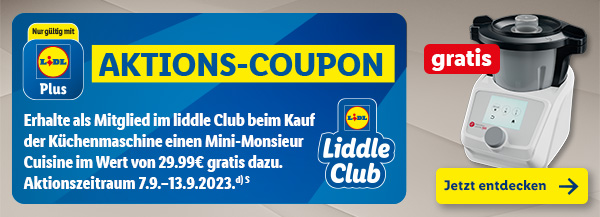 Aktion NUR mit Lidl Plus – Erhalte als Mitglied im liddle Club beim Kauf der Küchenmaschine einen Mini-Monsieur Cuisine im Wert von 29.99€ gratis dazu. Aktionszeitraum 7.9.–13.9.2023.
